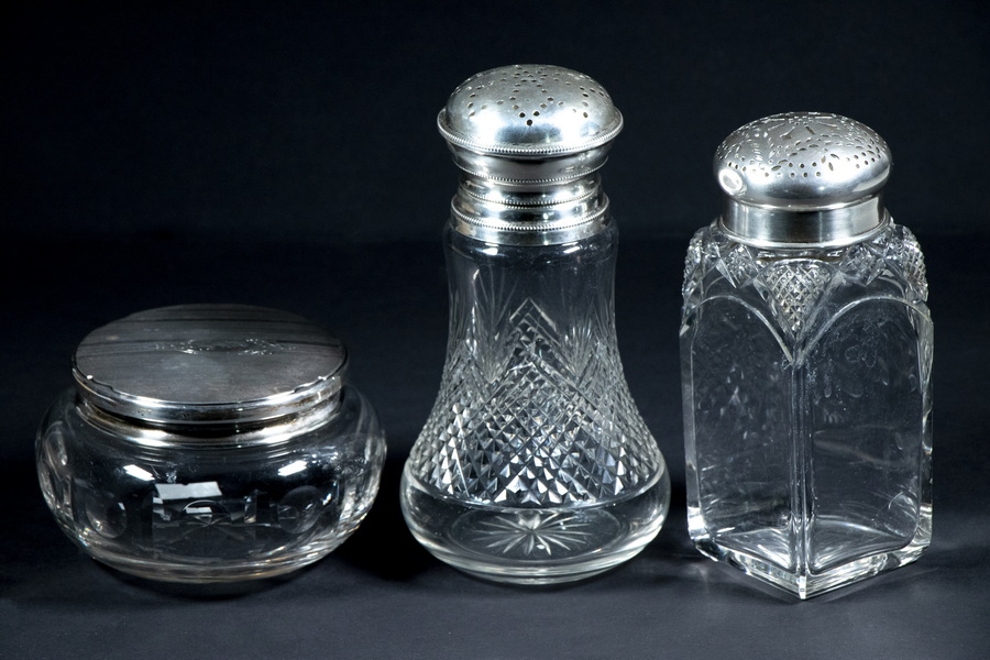  3 SILVER LIDDED CUT CRYSTAL JARS 2d66e3