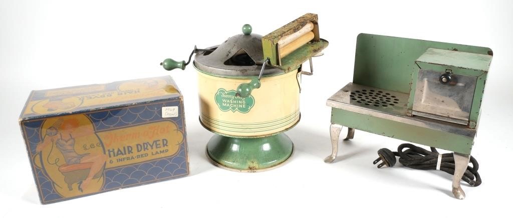 VINTAGE WASHING MACHINE, HAIR LAMP AND