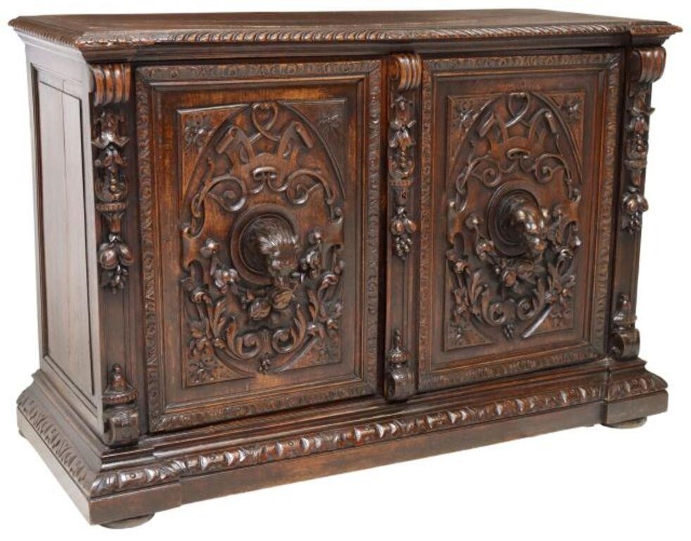 FRENCH CARVED OAK HUNT SIDEBOARD,