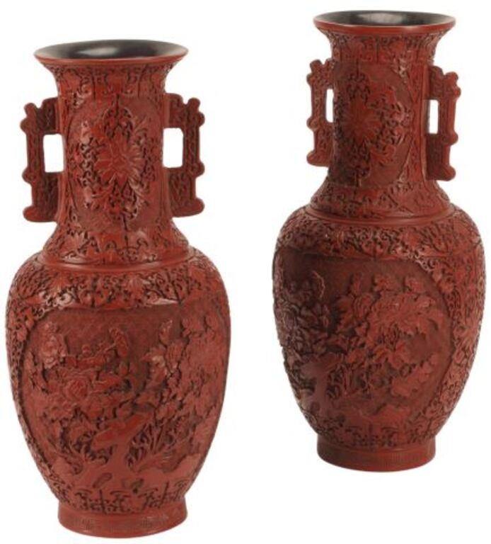  2 CHINESE CINNABAR HANDLED VASES pair  2d6b86