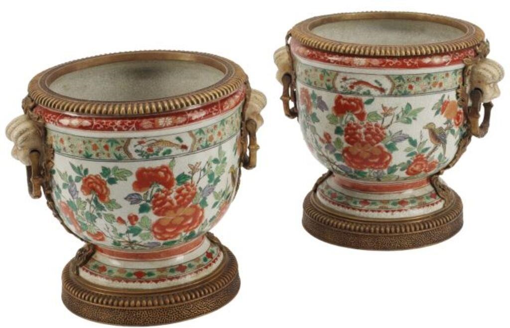  2 ORMOLU MOUNTED PORCELAIN CACHEPOTS pair  2d6b8a