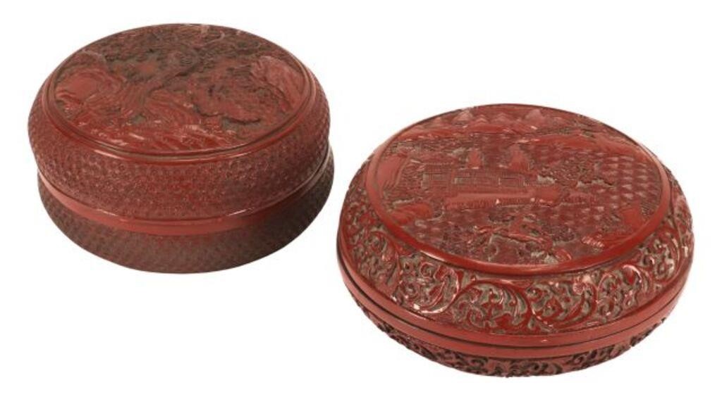  2 CHINESE CINNABAR ROUND BOXES lot 2d6b97