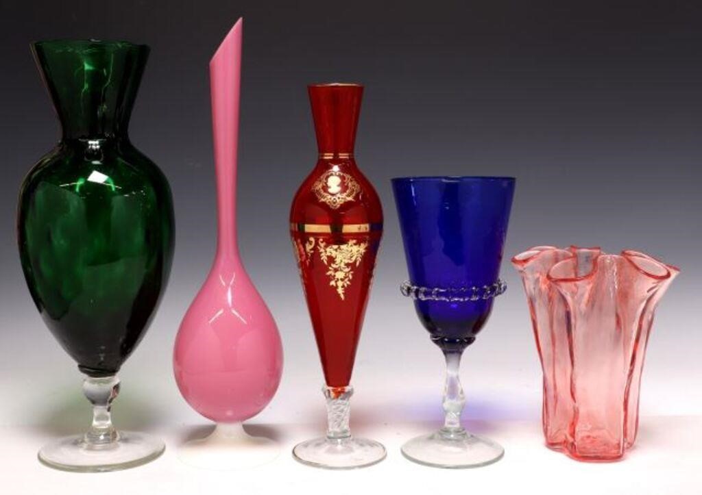 5) COLLECTION COLORED GLASS VASES,