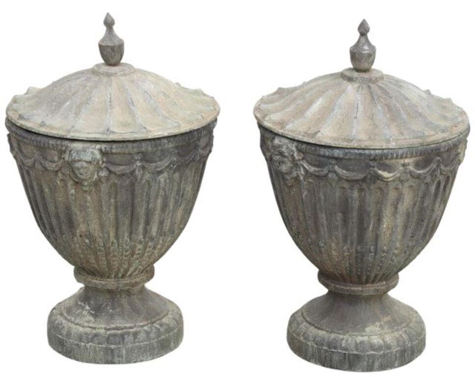  2 PATINATED CAST IRON LIDDED 2d6cba