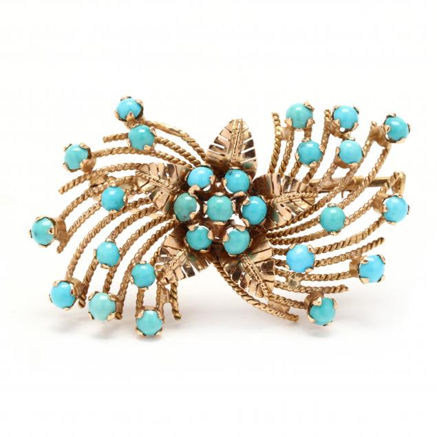 RETRO GOLD AND TURQUOISE BROOCH,