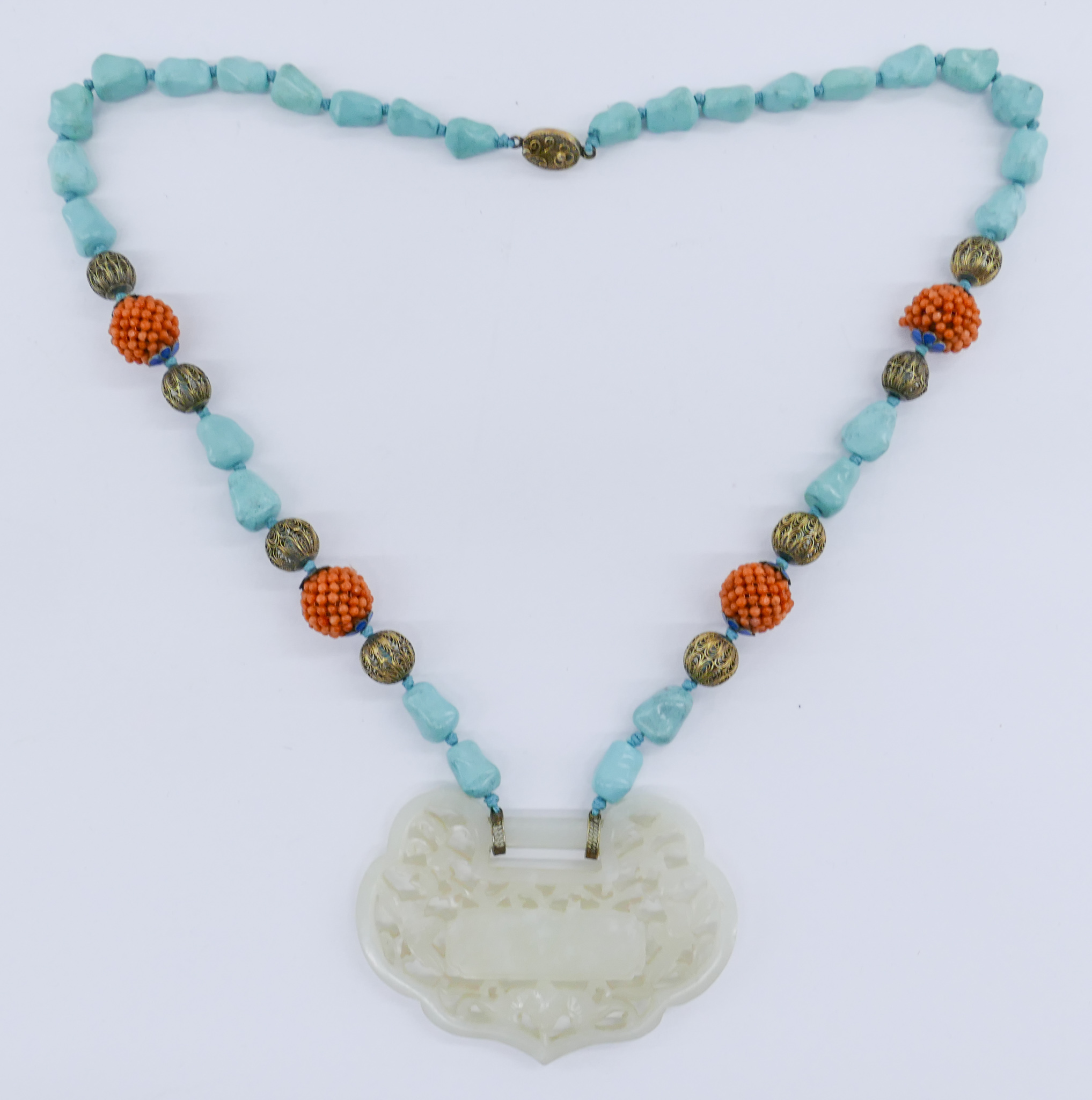 Chinese Jade and Turquoise Lock Pendant