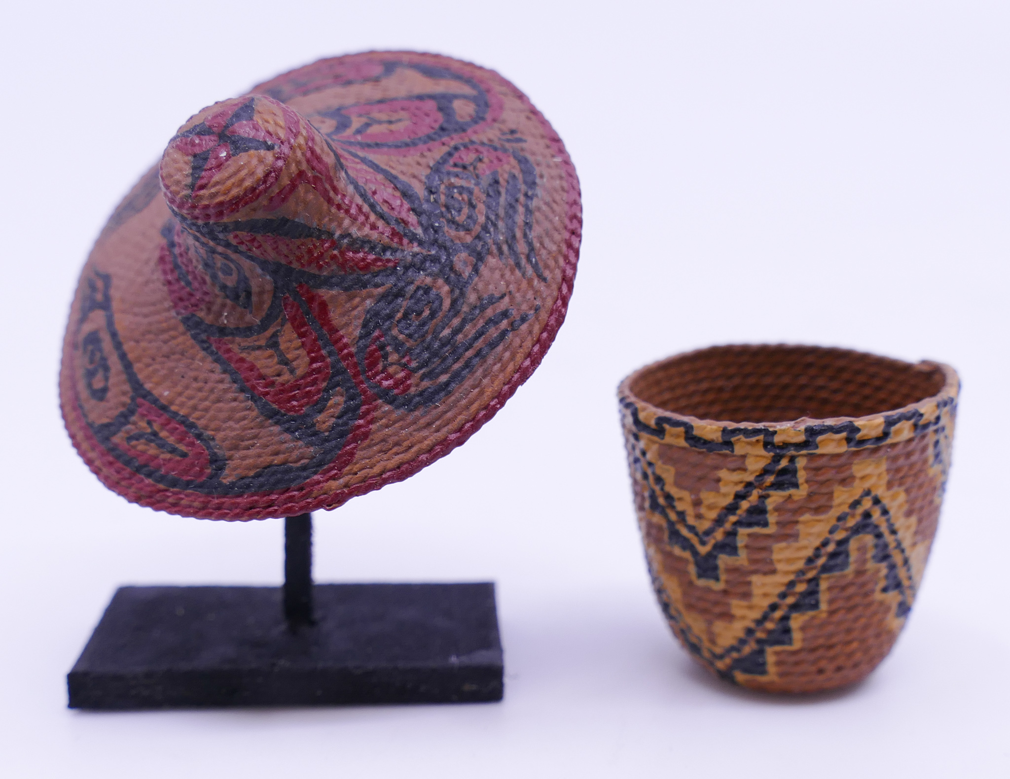 Box Miniature Woven Indian Hat & Basket-