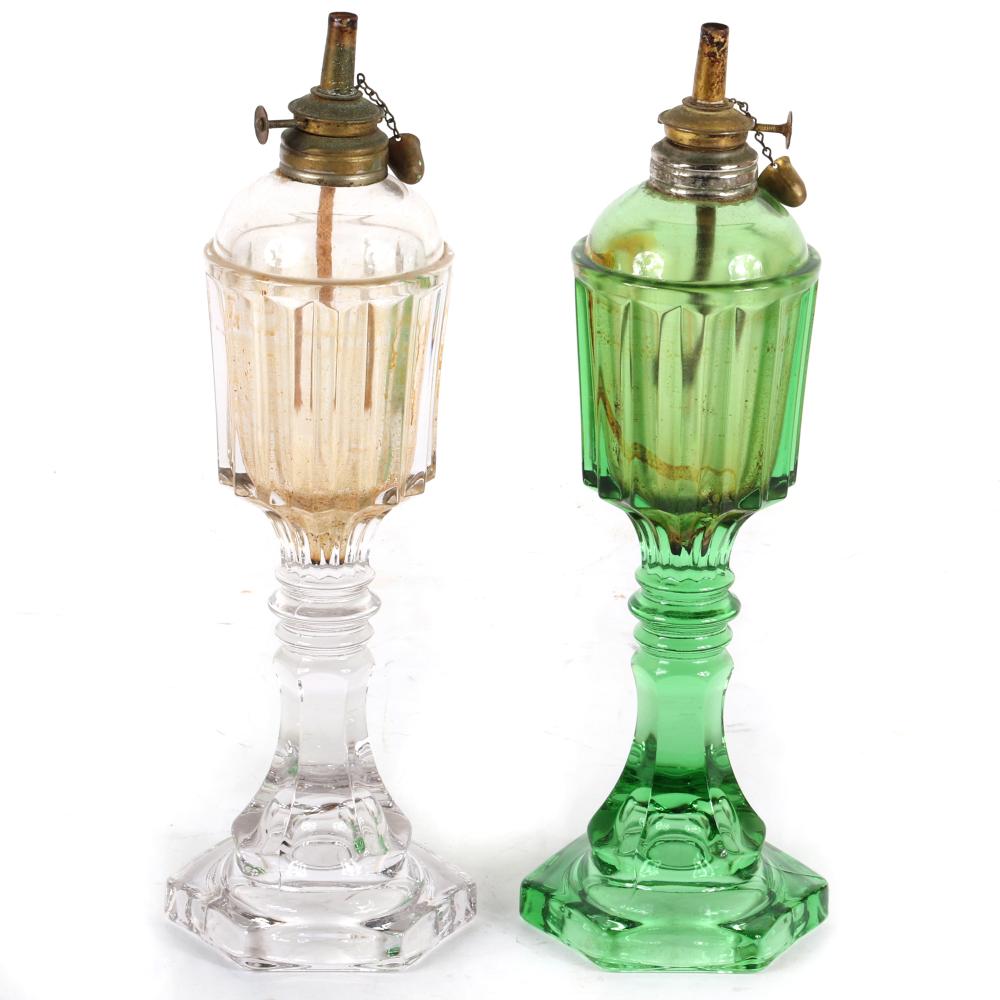 TWO IDENTICAL ANTIQUE OIL LAMPS,