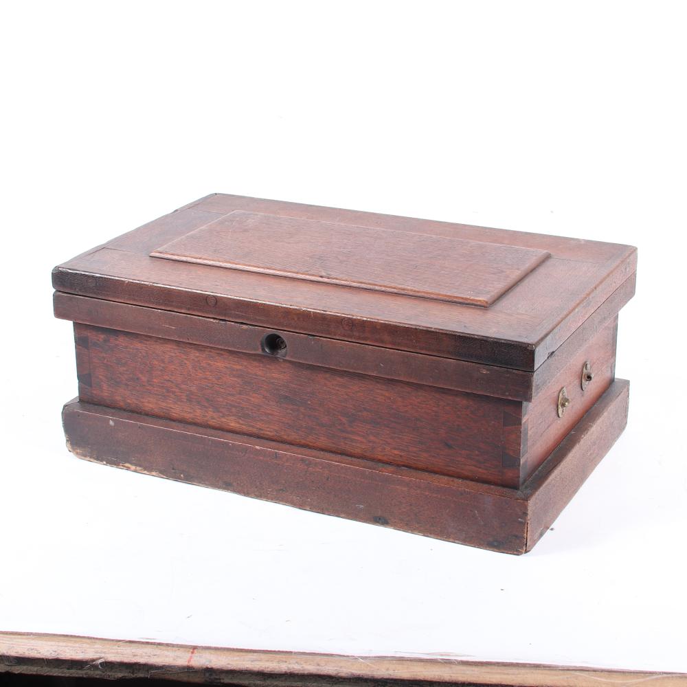 VINTAGE OAK TOOL BOX WITH TWO SLIDING