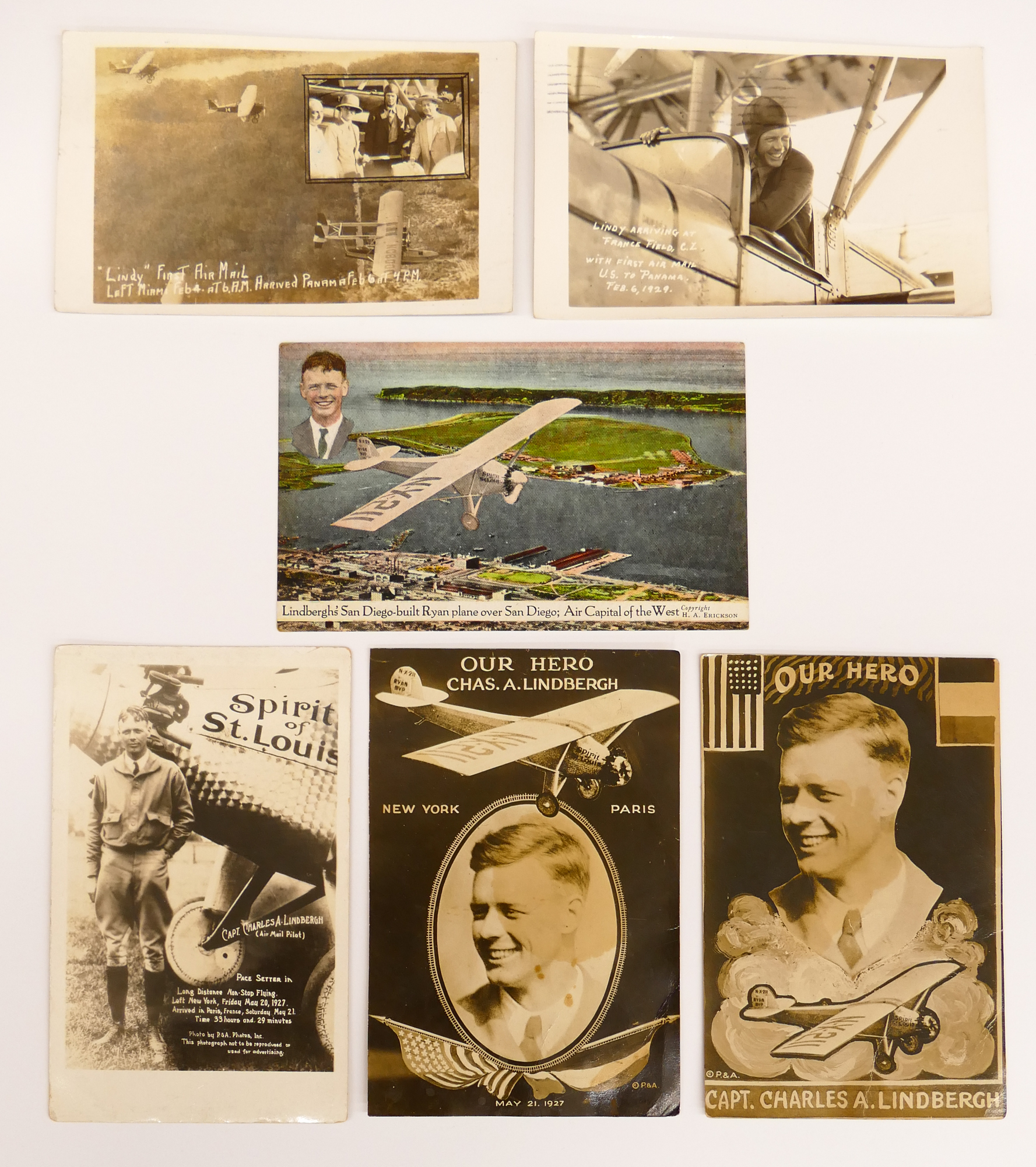 6pc Antique Charles Lindbergh Postcards.
