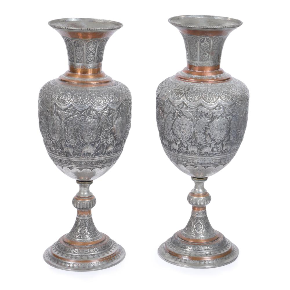 PAIR OF PERSIAN TINNED COPPER PALACE