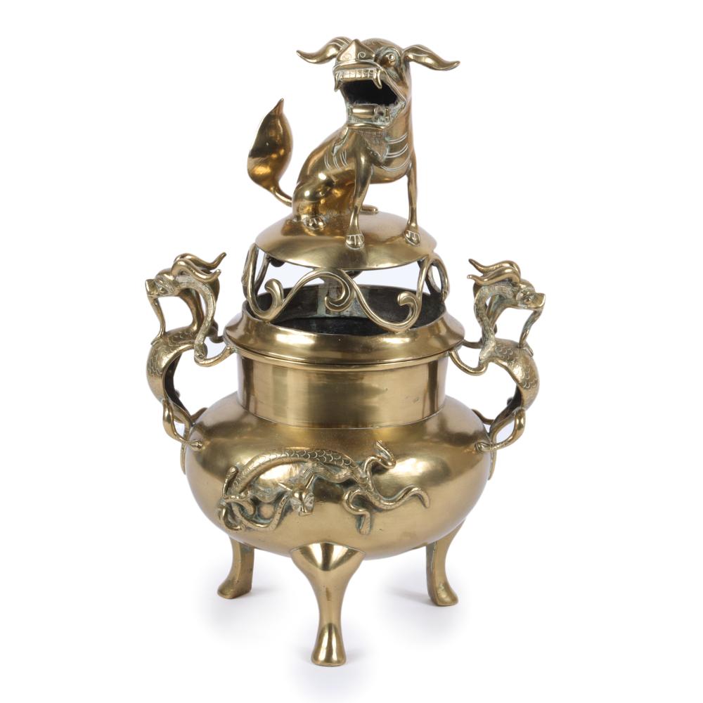 LARGE CHINESE BRASS FOO DOG CENSER 2d7a9e