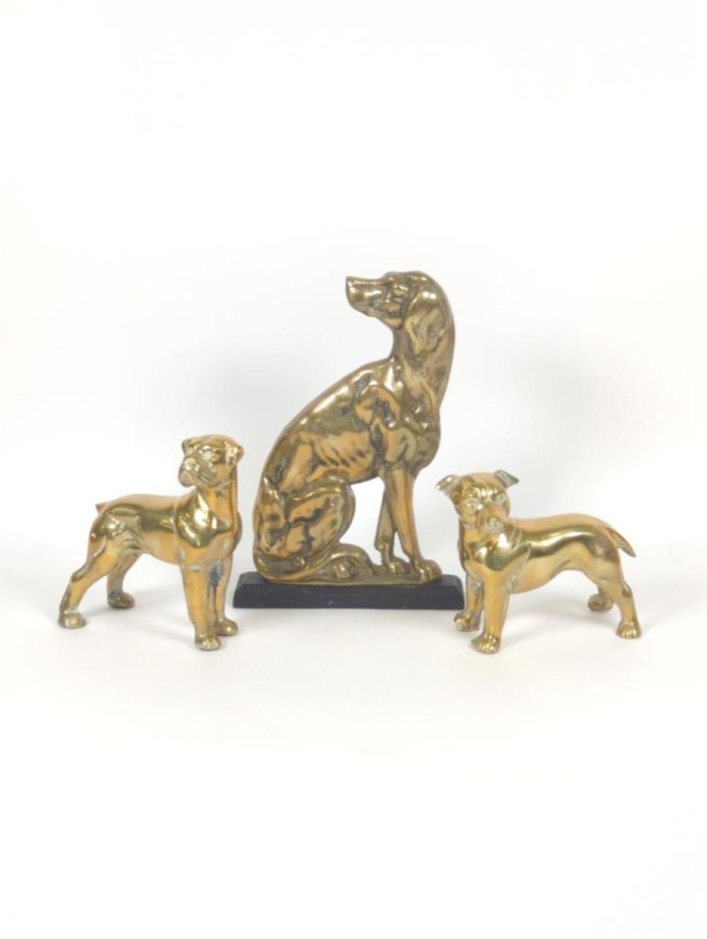 THREE ANTIQUE BRASS DOG FIGURAL