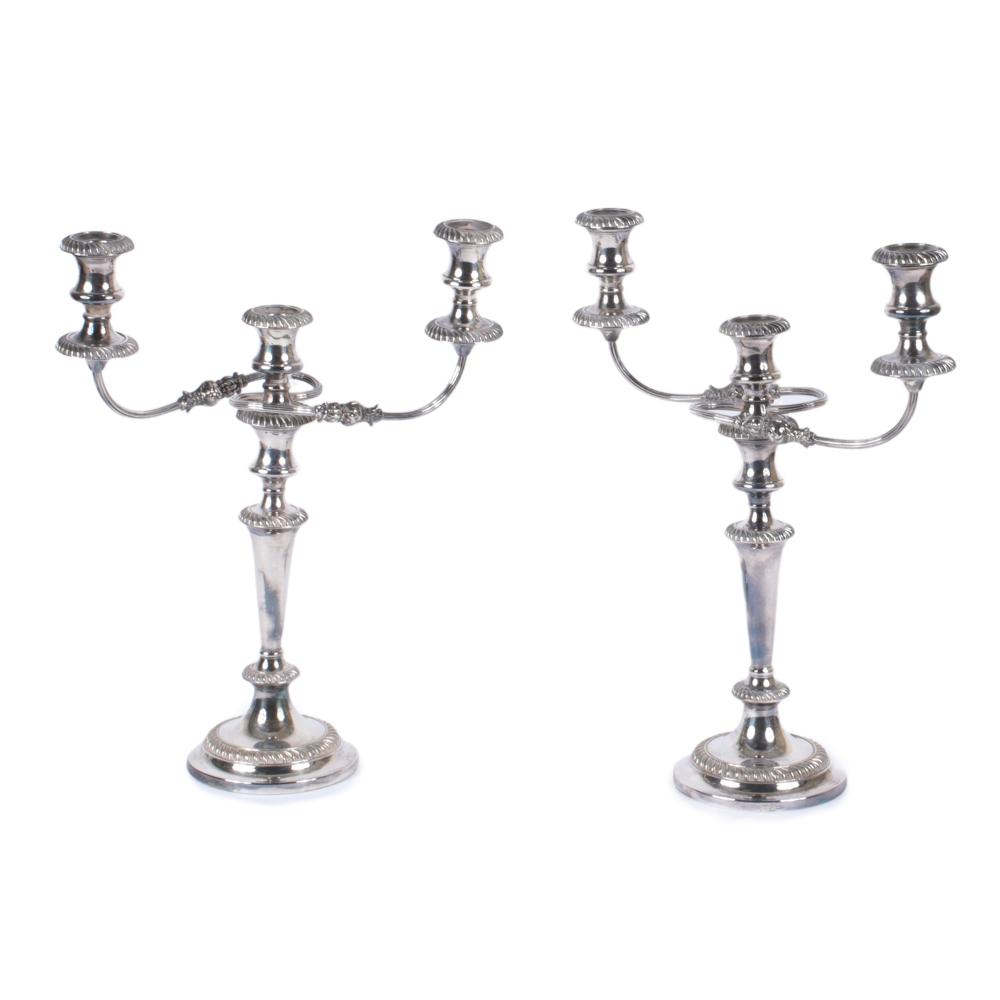 TWO SILVER PLATED THREE LIGHT CANDELABRA,