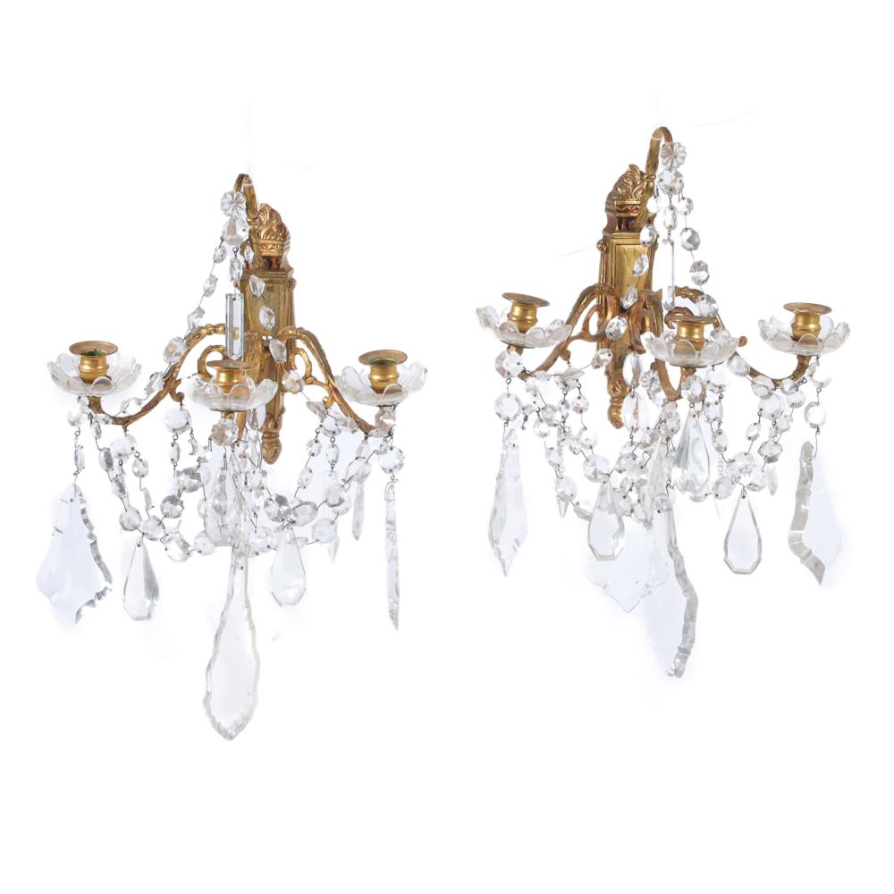 PAIR FRENCH 3 LIGHT BRASS AND CRYSTAL