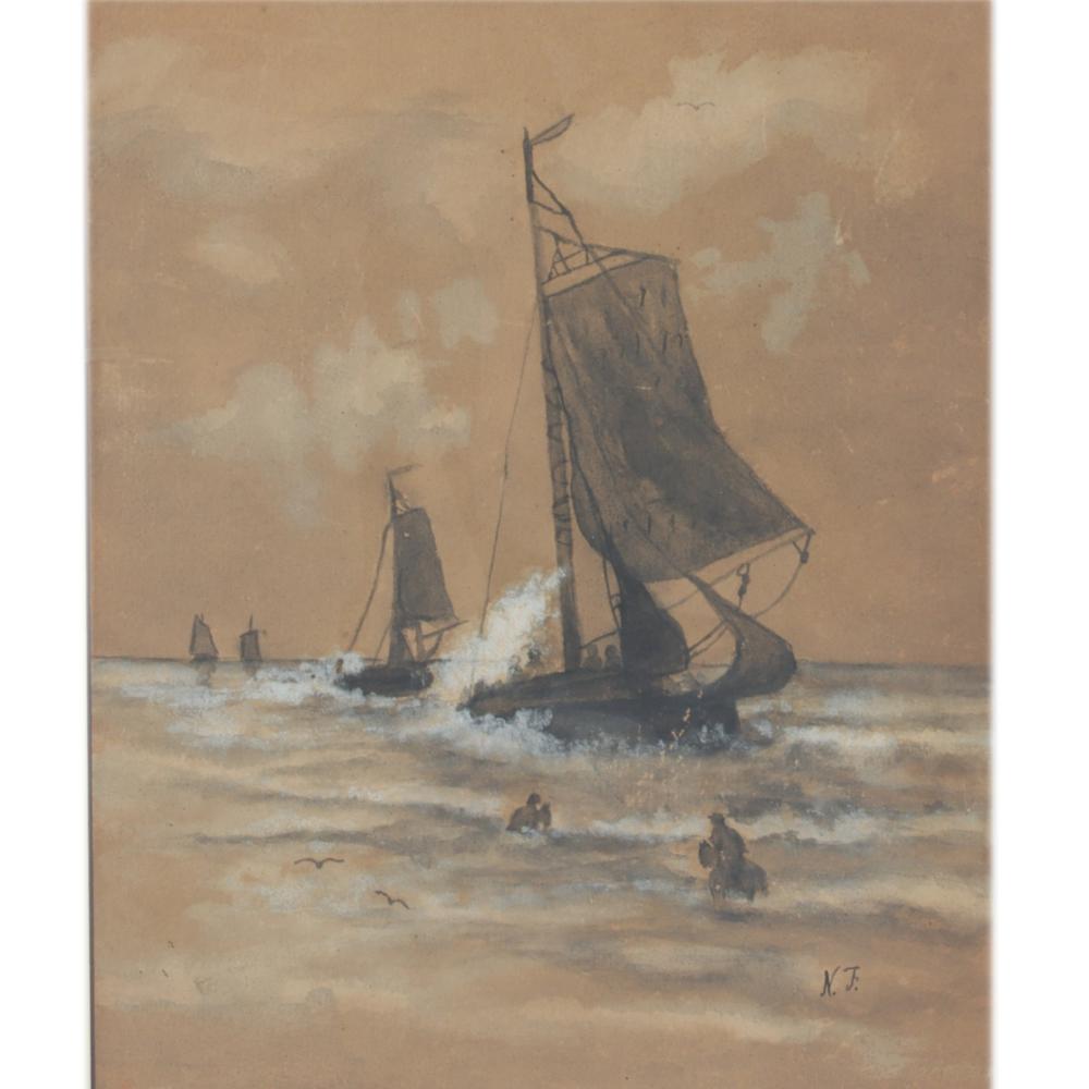 UNKNOWN SAILBOATS ON TURBULENT SEA,