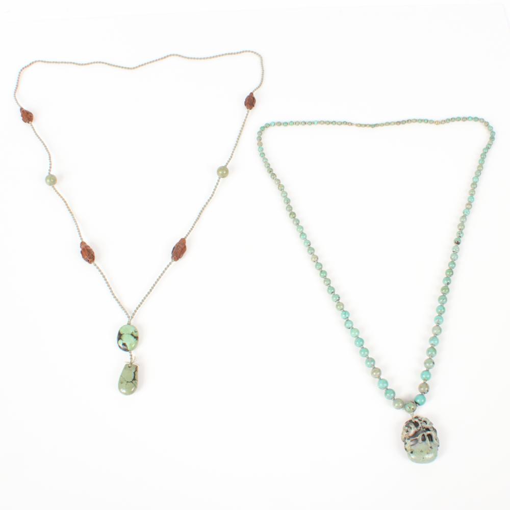 TWO CHINESE TURQUOISE CARVED NECKLACES: