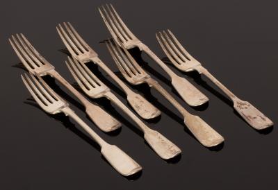 Seven fiddle pattern silver table forks,
