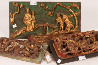 Four Chinese carved wood panels,