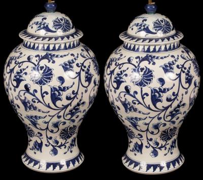 A pair of blue and white floral vase-shaped