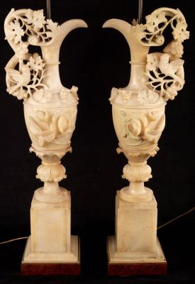 A pair of Italian alabaster ewer-shaped