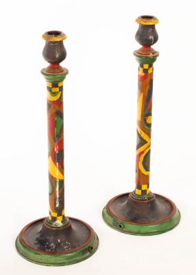 A pair of painted and decorated