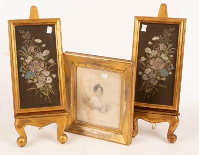 A pair of silk work floral pictures,