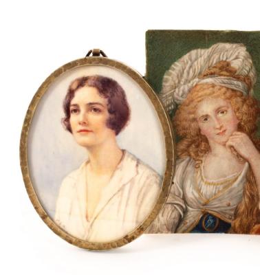 Two portrait miniatures of women, one