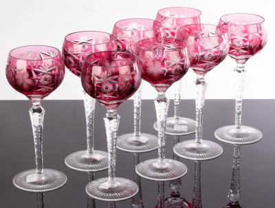 A set of eight wine glasses, the ruby