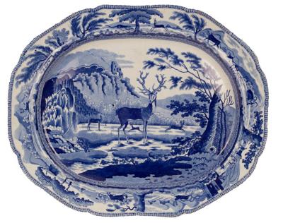 A blue and white Bewick Stag pattern
