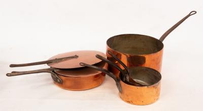 Five copper pans, the largest 29cm