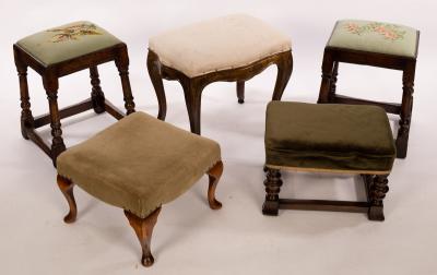 A pair of oak stools with needlework