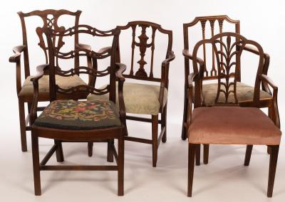 Five 19th Century open armchairs, with