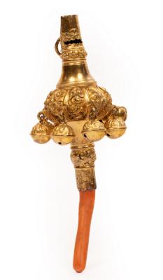 A George III silver gilt rattle,