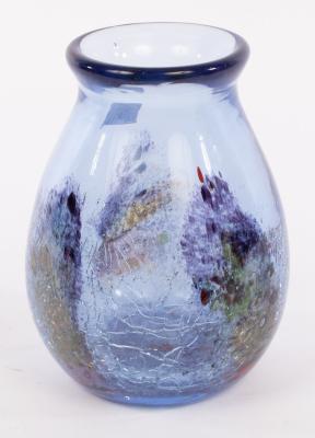 A bulbous blue glass studio vase, clear