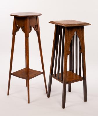 Two Edwardian oak jardinière stands