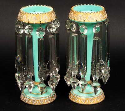 A pair of turquoise and gilt glass table