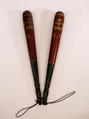A pair of painted Victorian truncheons,