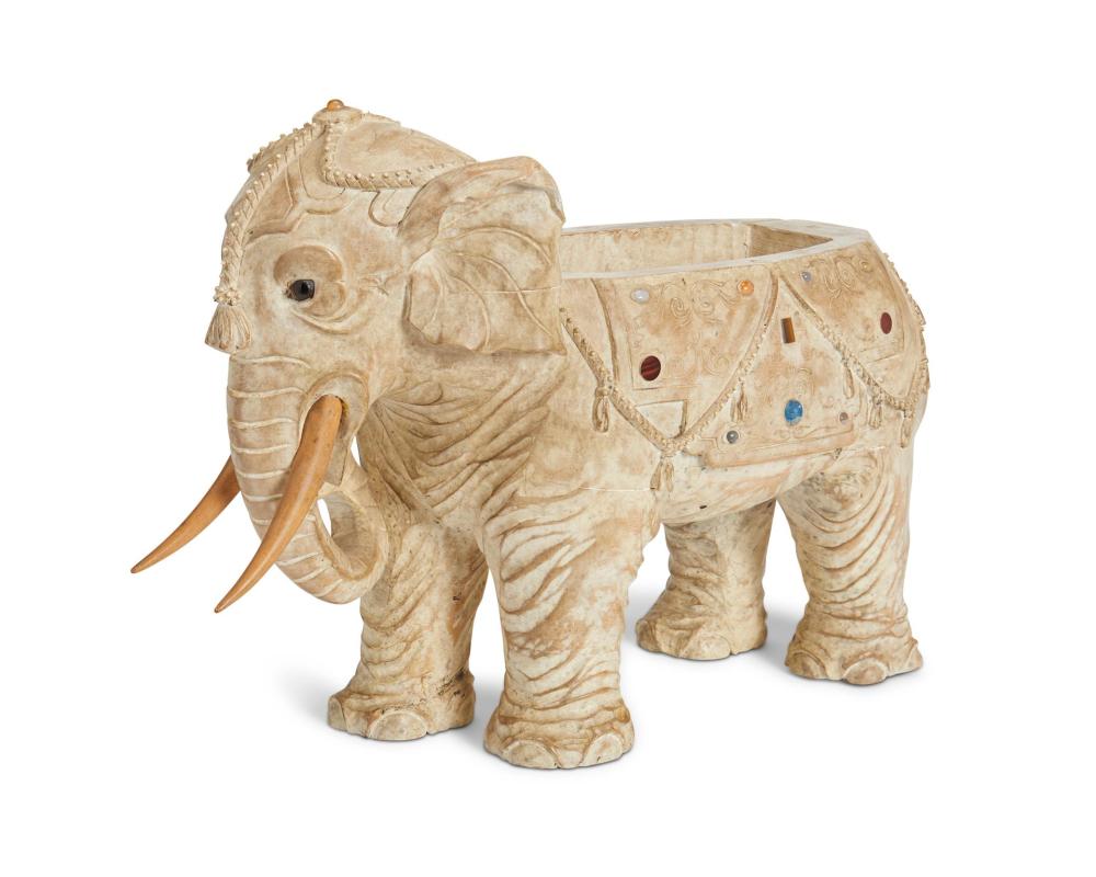 A CARVED WOODEN ELEPHANT PLANTERA