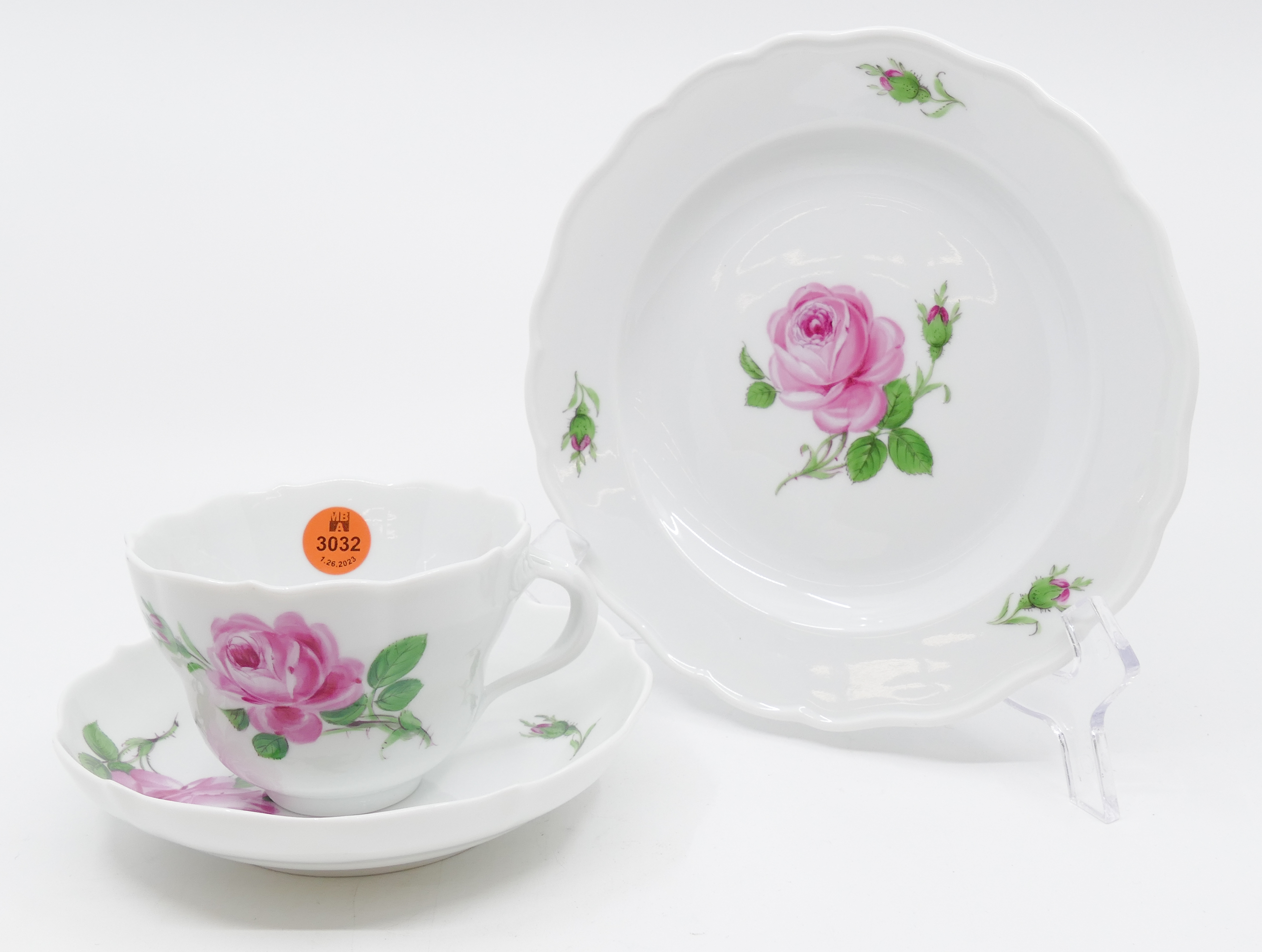 3pc Meissen Pink Rose Porcelain Cup,