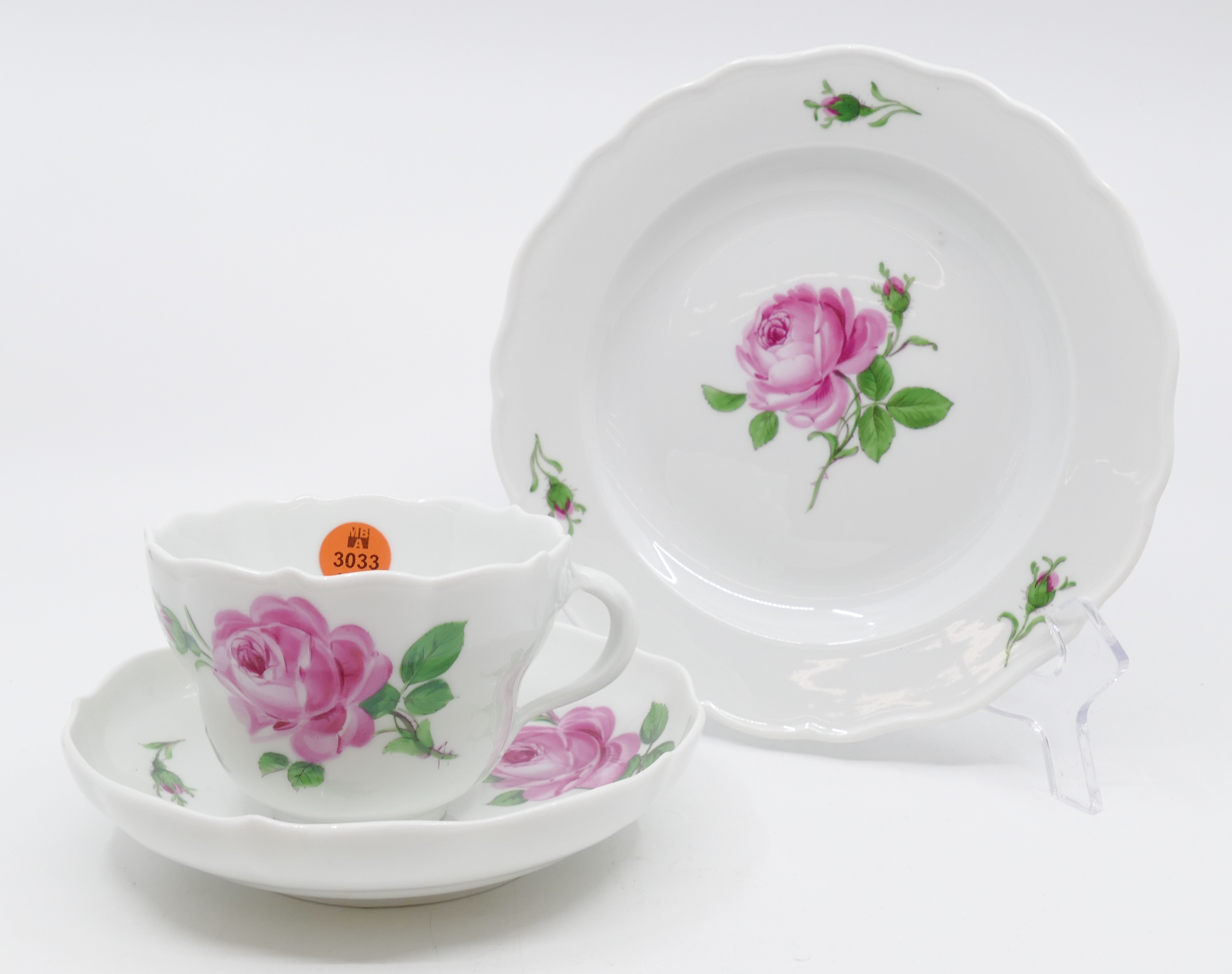 3pc Meissen Pink Rose Porcelain