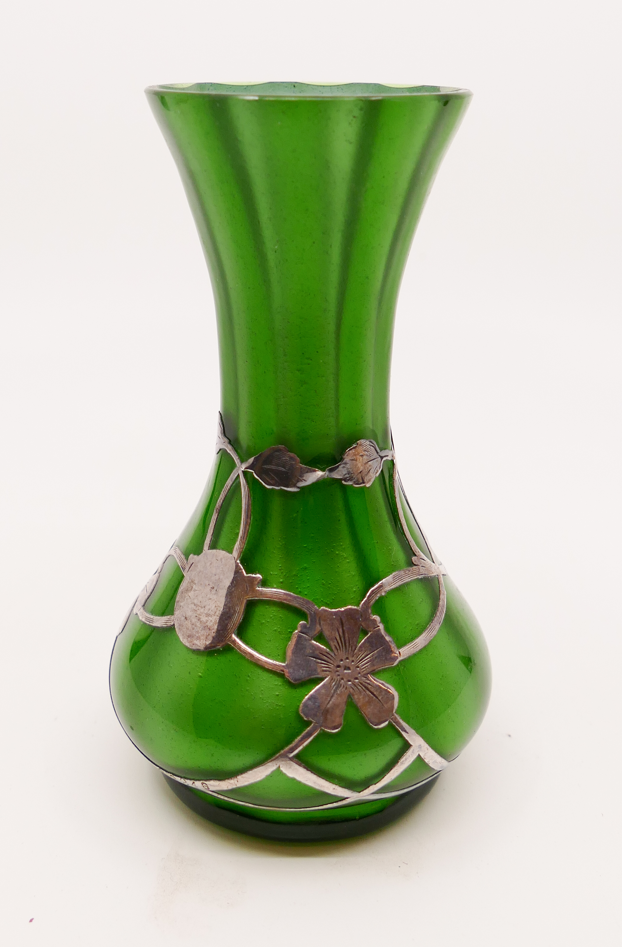 Silver Overlay Green Glass Cabinet Vase-