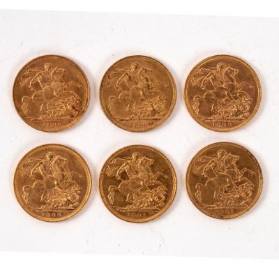 Six Queen Victoria gold sovereigns,