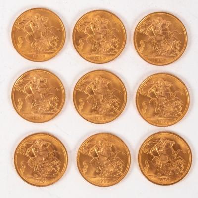 Nine Elizabeth II gold sovereigns, 1958