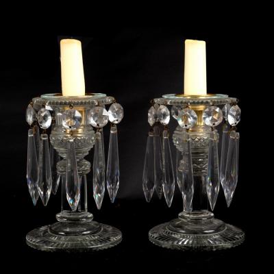 A pair of glass candle lustres, 15.5cm