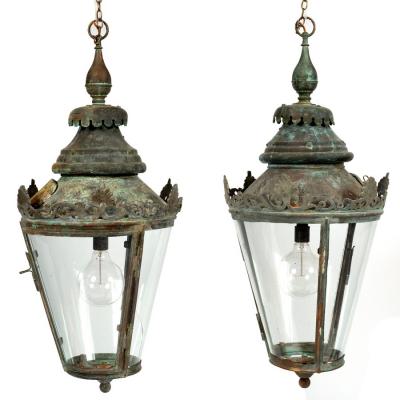 A pair of copper framed hall lanterns