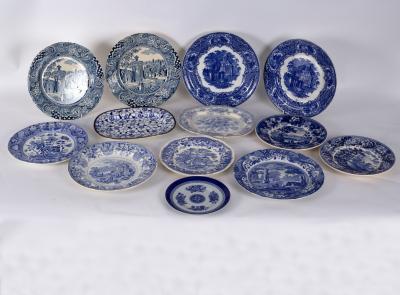 Thirteen Staffordshire blue and white