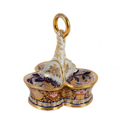 A Derby Imari pattern triple salt,