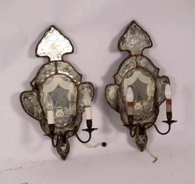 A pair of Venetian mirrored girandoles,