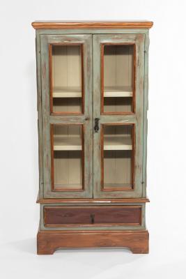 A green and brown painted display cupboard